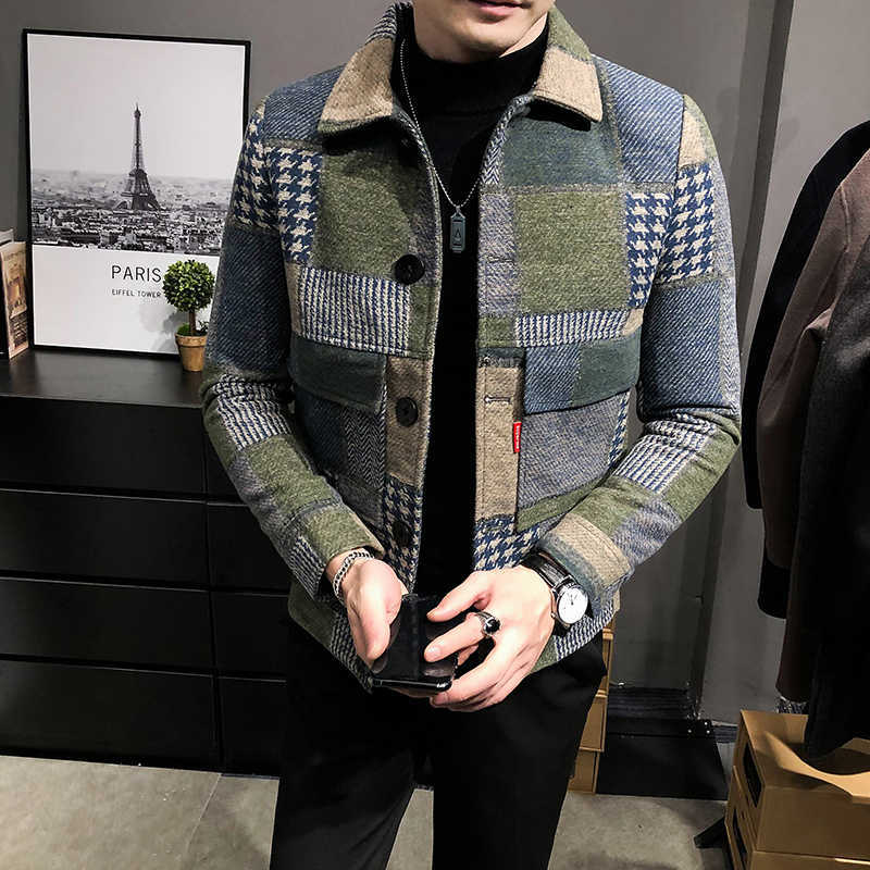 Autumn and Winter Fashion Men's Casual Lapel Hoodless Jacket / Male Slim Plaid Woolen Coat 211009