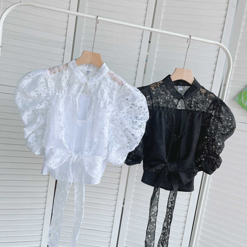 Court Women Fashion Summer Wear Cut-out Short Sleeve Thin Shirt Stand Neck White Black Solid Color Blusas De Mujer Blouse S790 210527