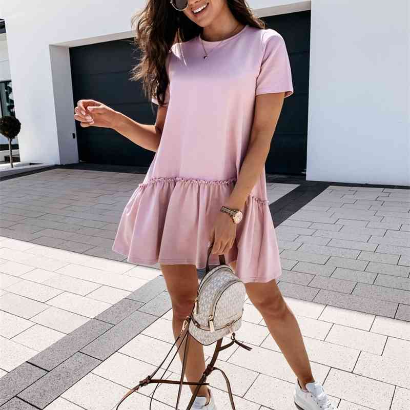 Solid Color Women Dress Summer Fashion Ruffles Mini O Neck Short Sleeve Casual Loose Plus Size Woman Clothes 210603