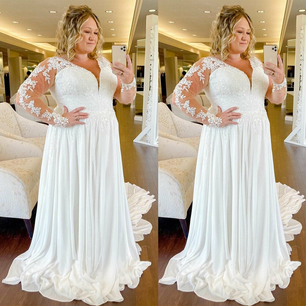 2021 Plus Size V-Neck Wedding Dresses Sheer Full Long Sleeves Lace Appliques A Line Boho dress Bridal Gowns Formal robe de mariee