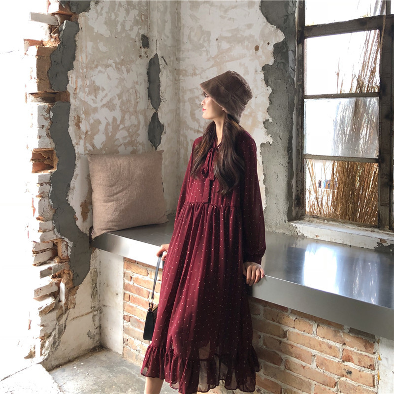 Harajuku Dress Birthday Long Women Korean style Loose Chiffon Ruffle Dot Printed Sleeve 730G 210420