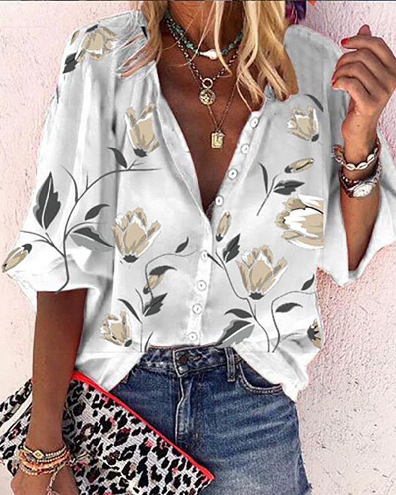 Summer Women Plus Size Vintage Floral Print T-Shirt Femme Lantern Sleeve Button Front Tunic Ladies Casual Blouse New Clothe 210415