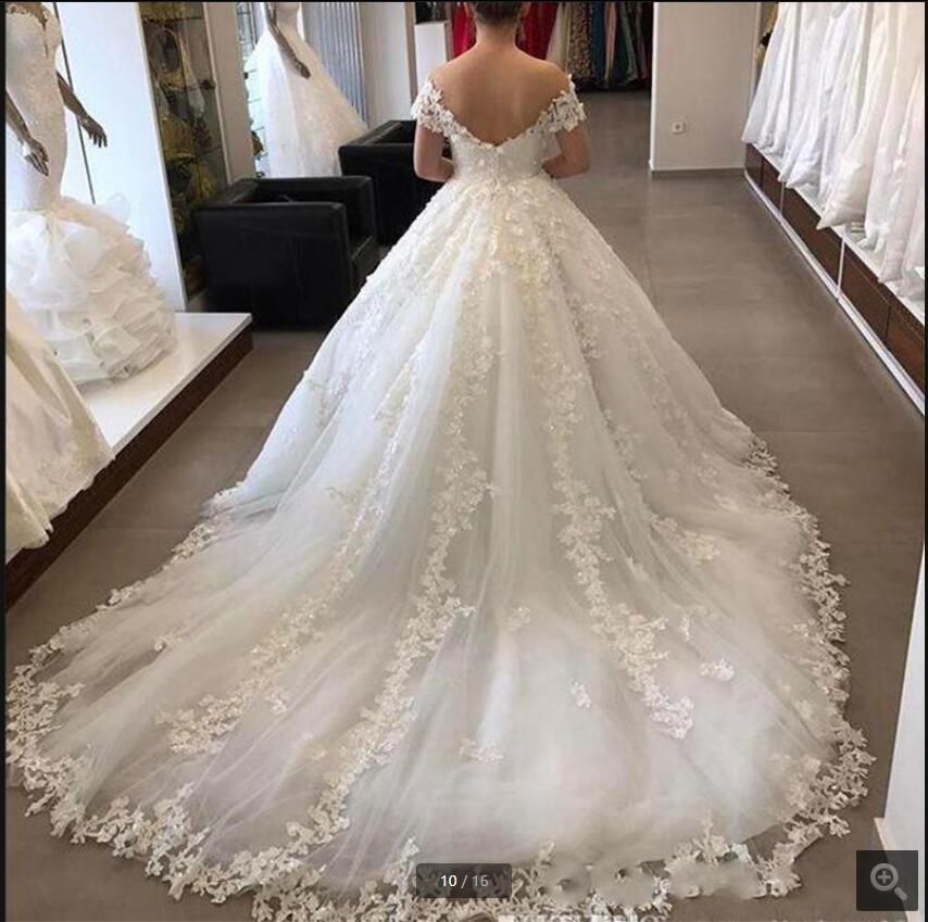 Dresses Elegant Wedding Bridal Ball Gown 3D Floral Applique Lace Off the Shoulder Chapel Train Custom Made Plus Size Castle Arabic Dubai Vestido De No