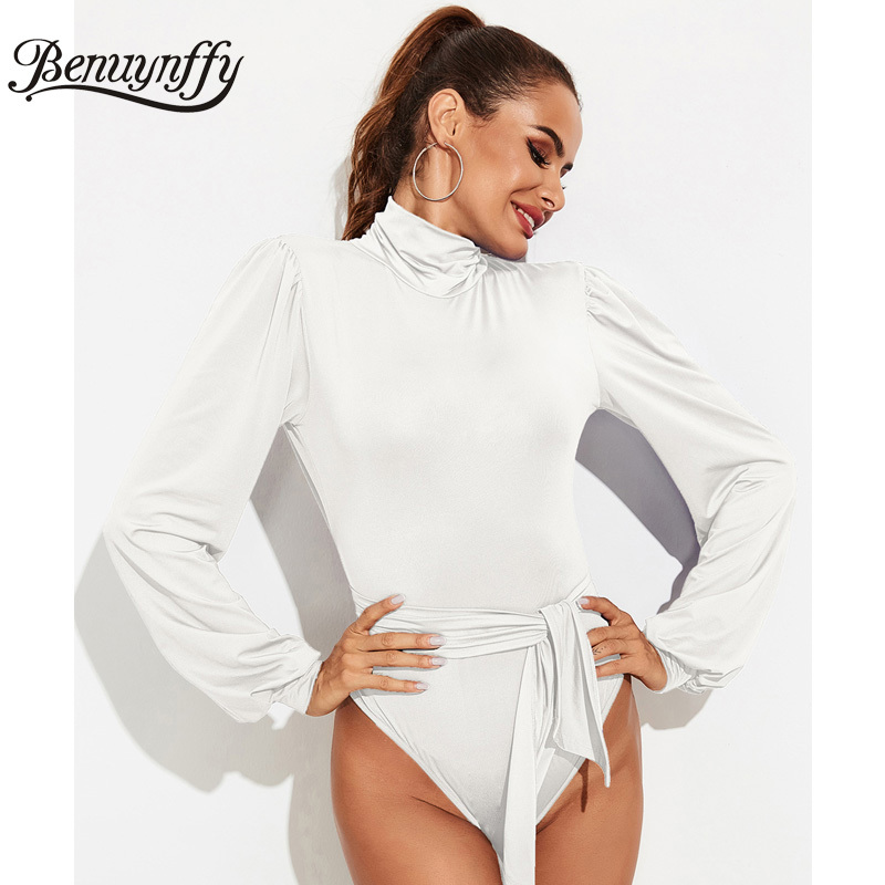 High Neck Long Sleeve Belted Bodysuit Women Autumn Sexy Backless Female Black White Party Elegant Slim Fit Bodysuits 210510