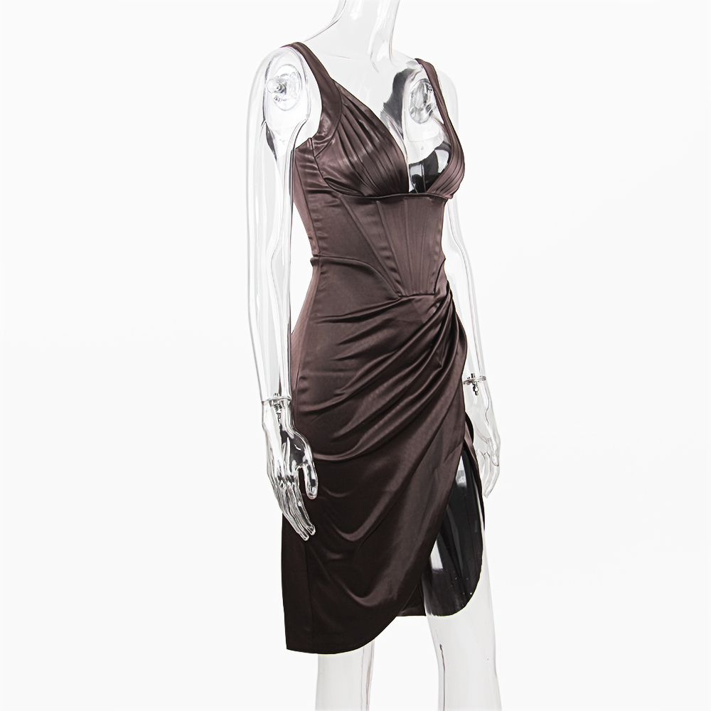 Karlofea Female Summer Stretchy Satin Corset Dress Chic Slit Draped Midi Dress Festival Clothing Sexy V Neck Club Party Dresses 210331