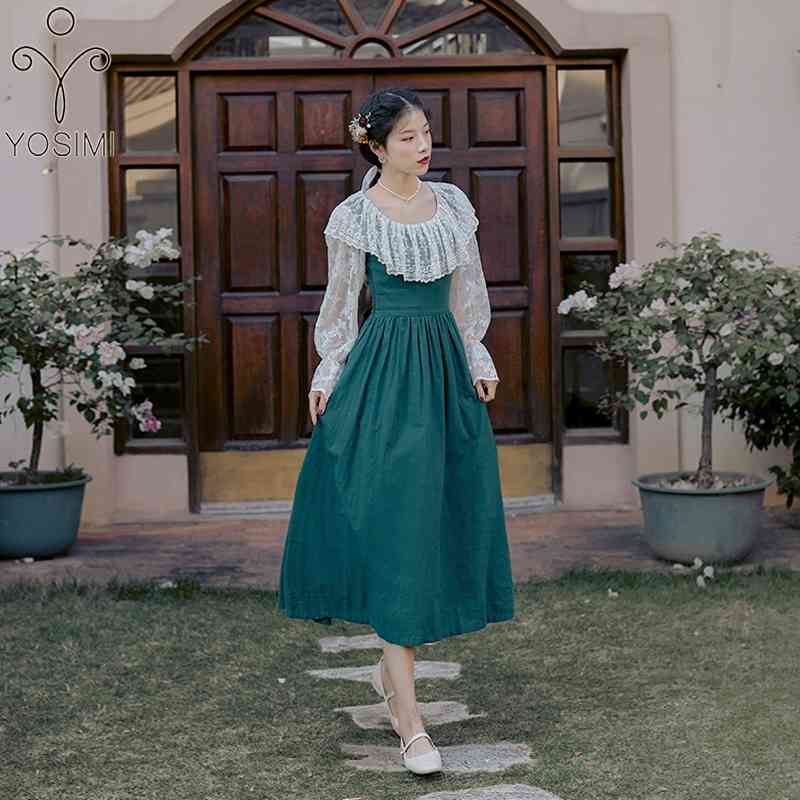 YOSIMI Prairie Chic Cotton Women Dress Spring Lace Embroidery O-neck Full Sleeve Mid-calf Fit and Flare Green Long Dresses 210604
YOSIMI Prairie Chic Cotton Women Dress Spring Lace Embroidery O-neck Full Sleeve Mid-calf Fit and Flare Green Long Dresses 210604