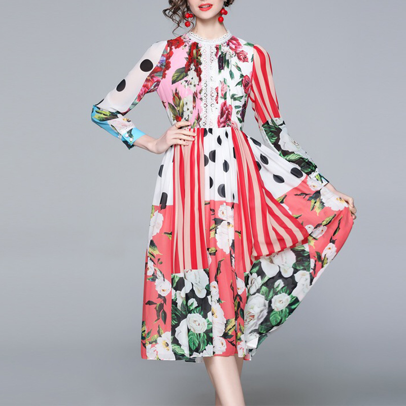 celebrity polka dot flower printed boho summer dress for women patchwork lace ruched A-line holiday midi robe plus size z 210421