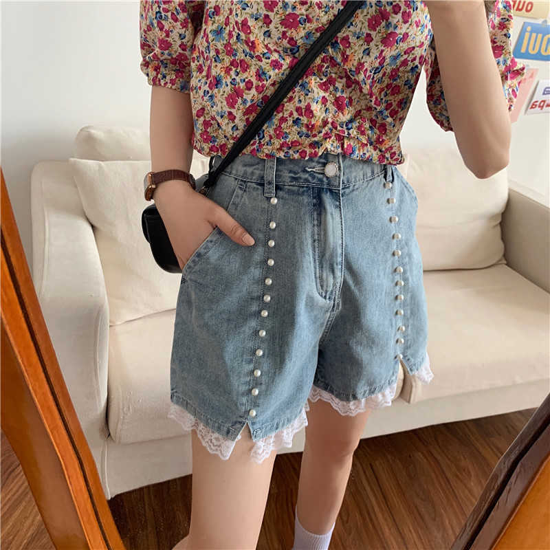 Korean Beads Women Demin Short Lace Ruffle Patchwork Sweet Elegant Bottoms Summer Jenas Feminimos 6G290 210603