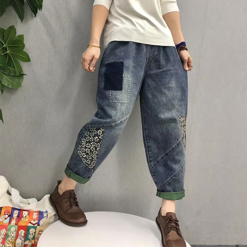 Arrival Spring Arts Style Women Elastic Waist Loose Embroidery Jeans Patchwork Print Vintage Cotton Denim Harem Pants V295 210512