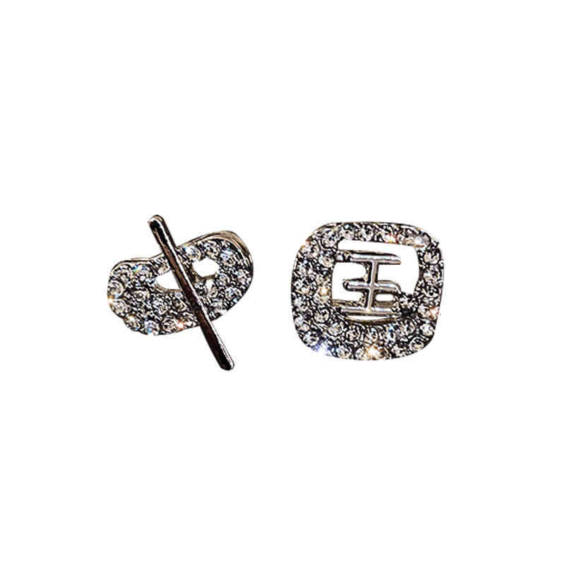 Charms Ear Stud Clip Rings 925 Silver Needle Asymmetric Diamond Inlaid Text Chinese Network Red Wind Minority Creative Fashion High Sense Female