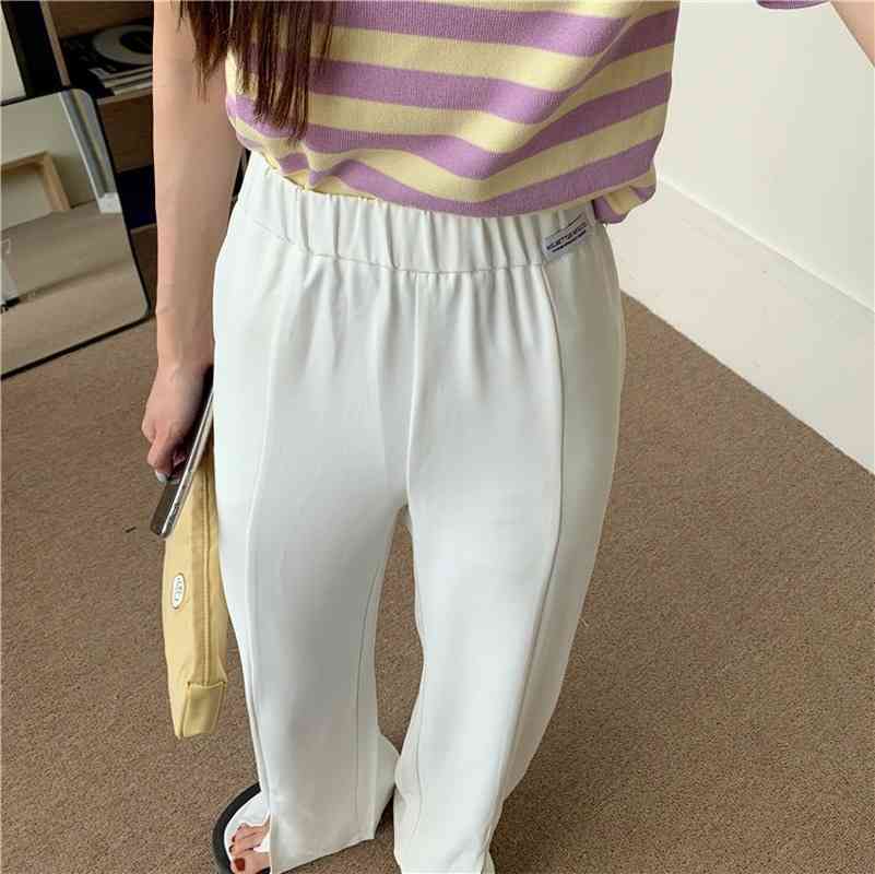 Pants & Capris Korean Solid White Waist Elastic Casual Loose Black Straight Split Wide Leg Pant Mopping Mujer Pantalones Pink 210429