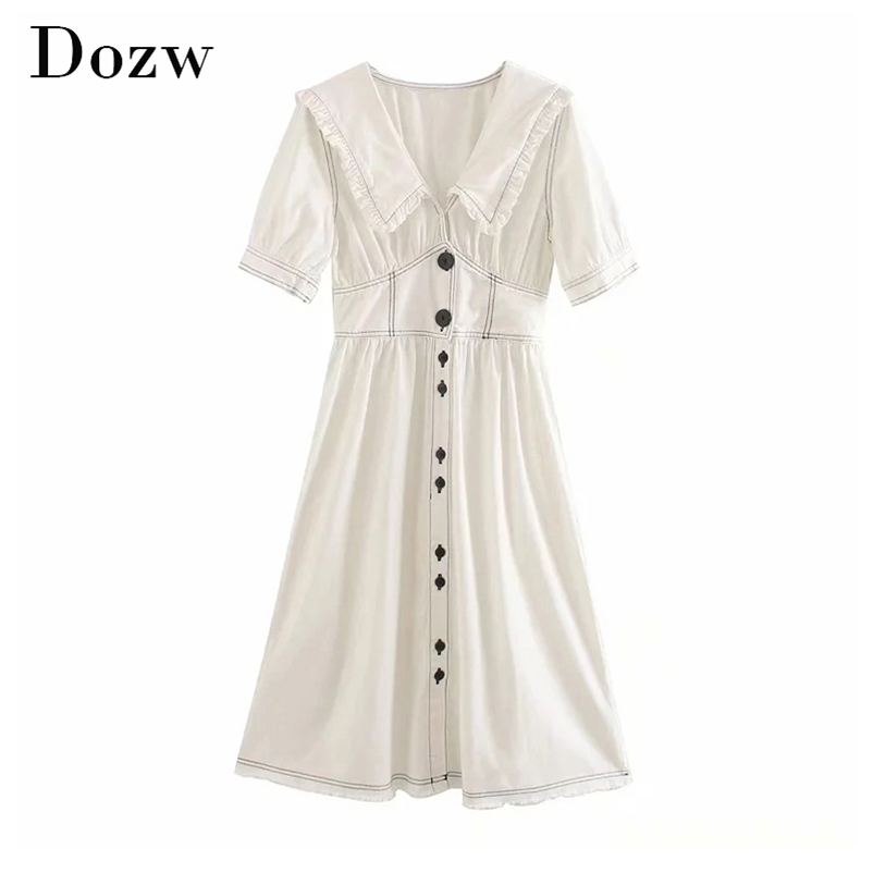 Elegant A Line White Midi Dress Women Striped Casual Short Sleeve Cotton es Lapel Collar Summer With Buttons 210515