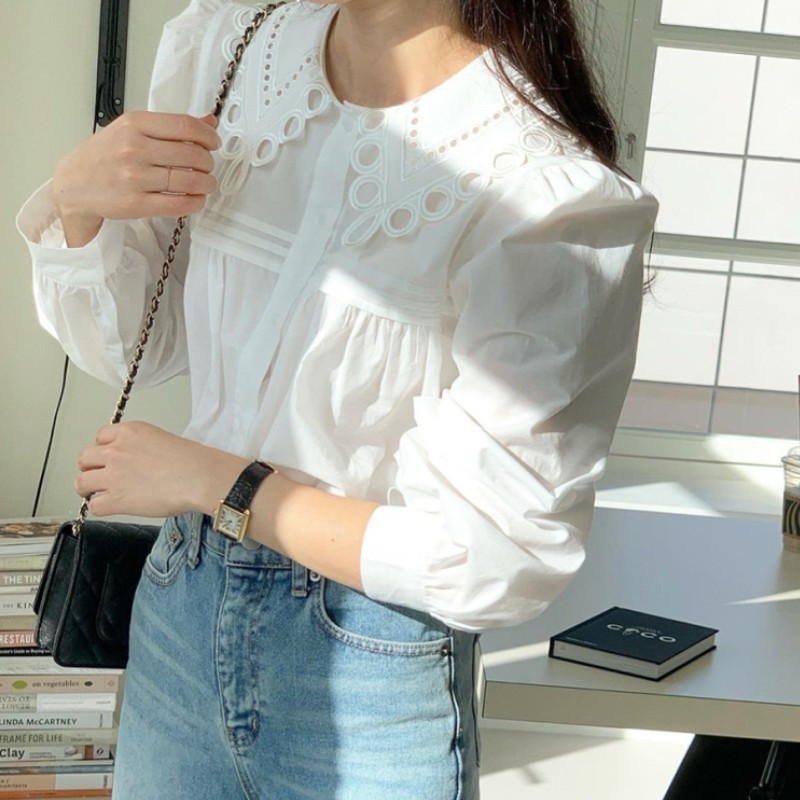 Spring Vintage Embroidery Turn Down Collar Elegant Blouse Women Single-Breasted Puff Long Sleeve Work OL Style Blusas Top 210519
