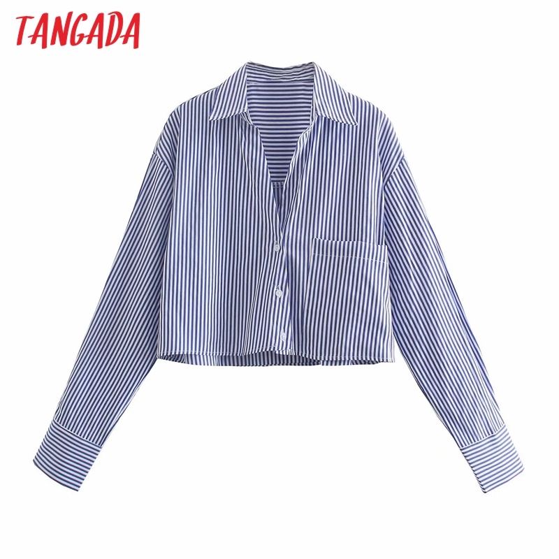 Women Retro Blue Striped Crop Turn Down Collar Chic Female Shirt Tops 4M07 210416