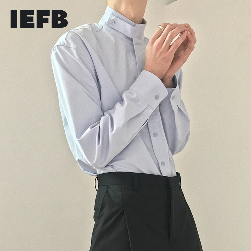 IEFB /men's wear loose korean trendy stand collar long sleeve shirts vent hme loose casual all-match white tops 9Y1480 210524
