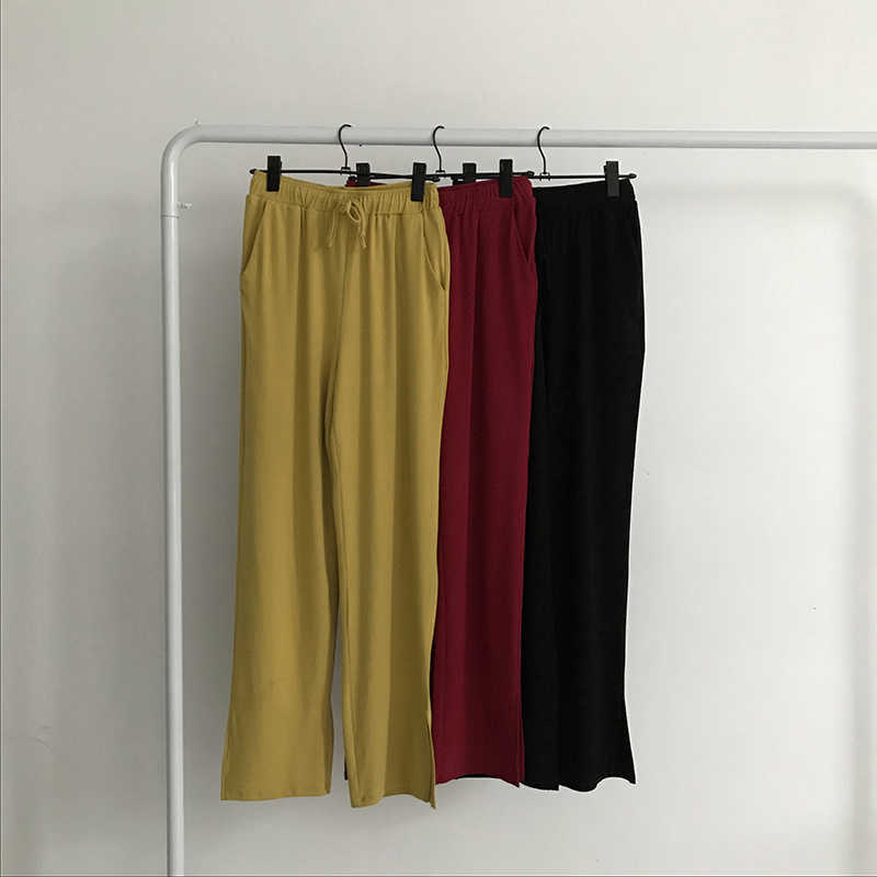 Qooth Drape Split Wide Leg Pant's Straight Loose Casual Trousers Spring Autumn All Match High Waist Solid QT691 210609