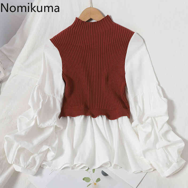 Nomikuma Knitted Patchwork Pullovers Autumn Puff Long Sleeve O-neck Knitted Sweater Causal Women Ruffle Pull Femme 6C605 210427