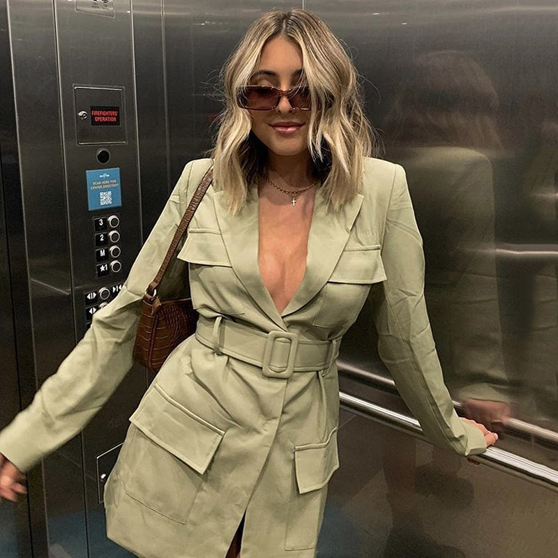 GetSpring Women Blazer Temperament Ladies Suit Long Sleeve Coat With Belt Women's Slim Jacket 210513