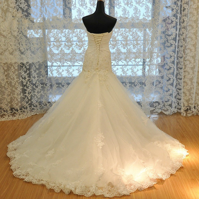 Vintage Dark Ivory Mermaid Wedding Dresses Sweetheart Strapless Lace Appliqued 3D Floral Crsyatsl beads Plus Size bride Dress back Lace-Up 2022 robe d