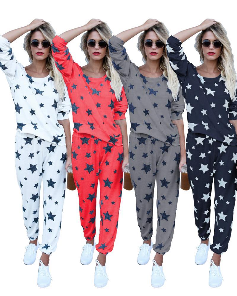 Fashion Women's Pajamas Suit Spring Thin Star Printed Long Sleeve Cute Sleepwear Casual Homewear Female Pyjamas 2-Piece Sets Tracksuits
