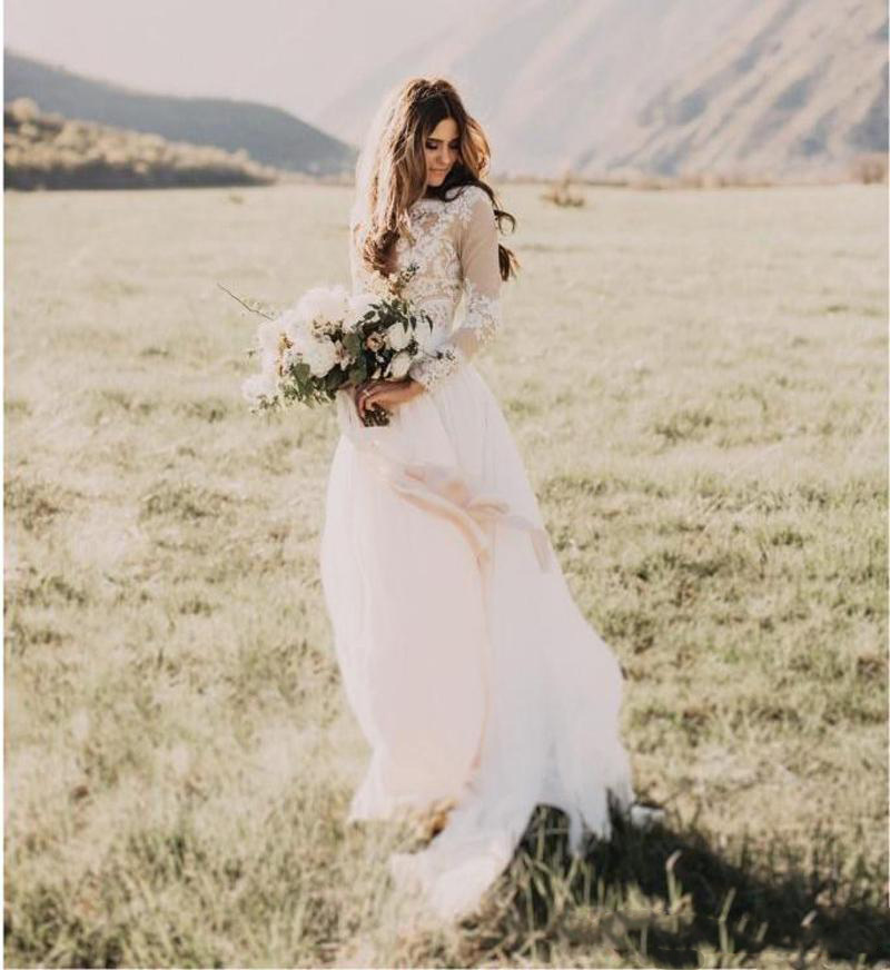 2022 Bohemian Country Wedding Dresses Gown With Sheer Long Sleeves Bateau Neck Mermaid Lace Applique Chiffon Boho Bridal Gowns