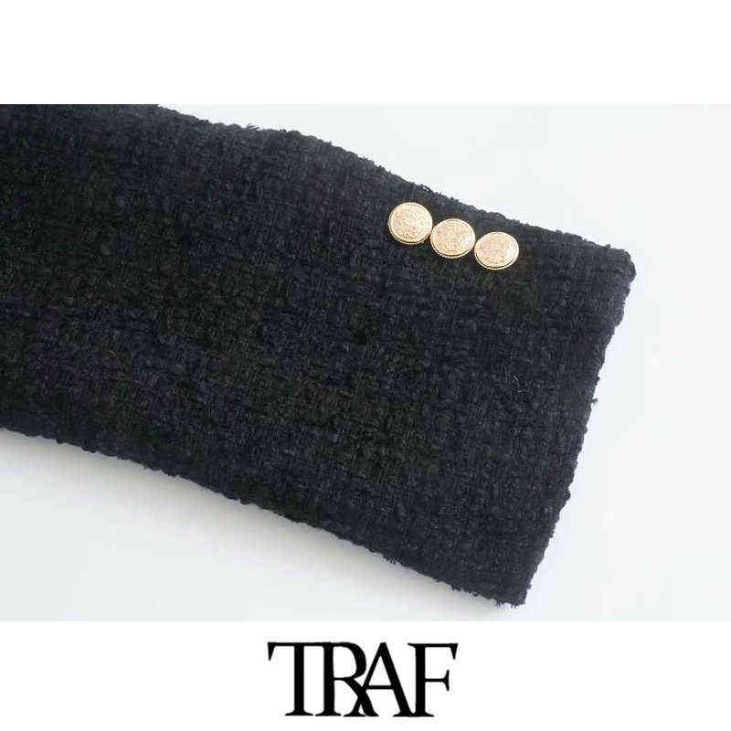 TRAF Women Fashion With Metal Button Tweed Blazer Coat Vintage Long Sleeve Flap Pockets Female Outerwear Chic Veste 211122