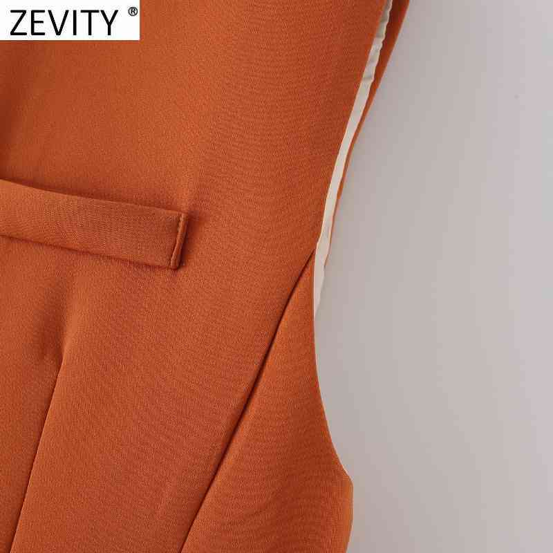 Zevity New Women Simply Sleeveless Single Breasted Orange Vest Jacket Office Lady Slim Suit WaistCoat Pockets Outwear Tops CT682 210419
