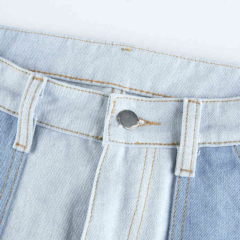 Patchwork Straight Leg Jeans Woman High Waist Denim Trousers Sexy Color Block Vintage Blue Brown Streetwear Pants 210524