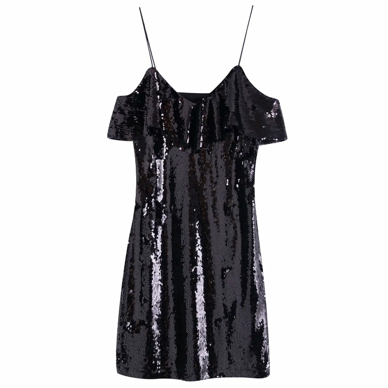 Spring Women V Neck Cascading Ruffle Sequins Suspender Mini Dress Female Clothes Casual Lady Slim Vestido D7072 210430