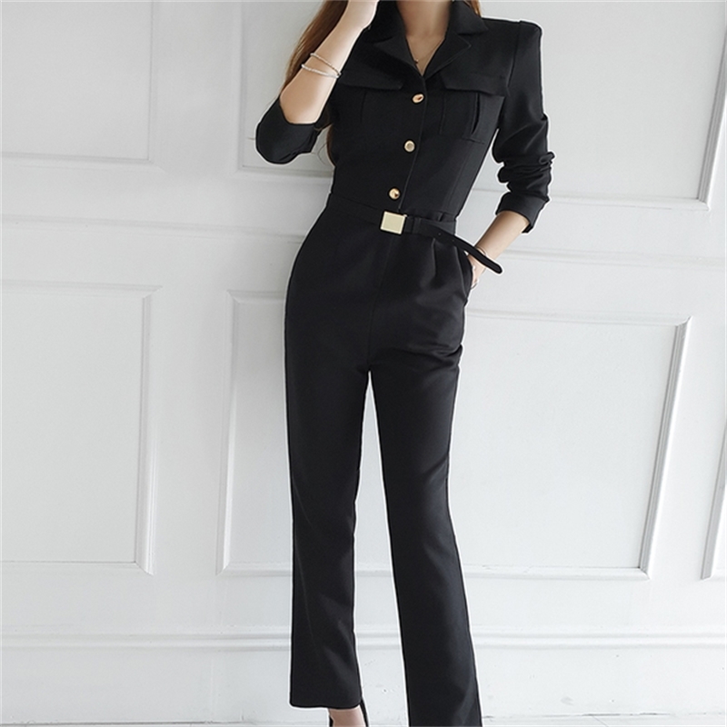 Autumn Women Fashion Elegant Office OL Workwear Casual Jumpsuits Solid High Waist Slim Romper With Belt 210519