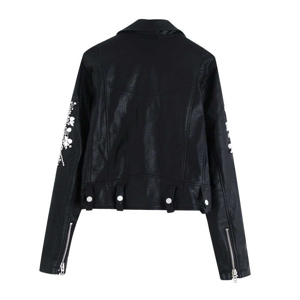 High Quality Women PU Leather Jacket Autumn Fashion Shiny Crystal Beading Coat Short Top Modern Lady Black Outwear 210602
