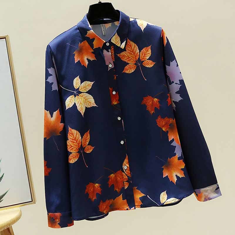 Plus Size Cardigan Autumn Fashion Maple Leaf Print Long Sleeve Blouse Women Korean Style Chiffon Tops Lapel Shirts Blusas 11514 210518