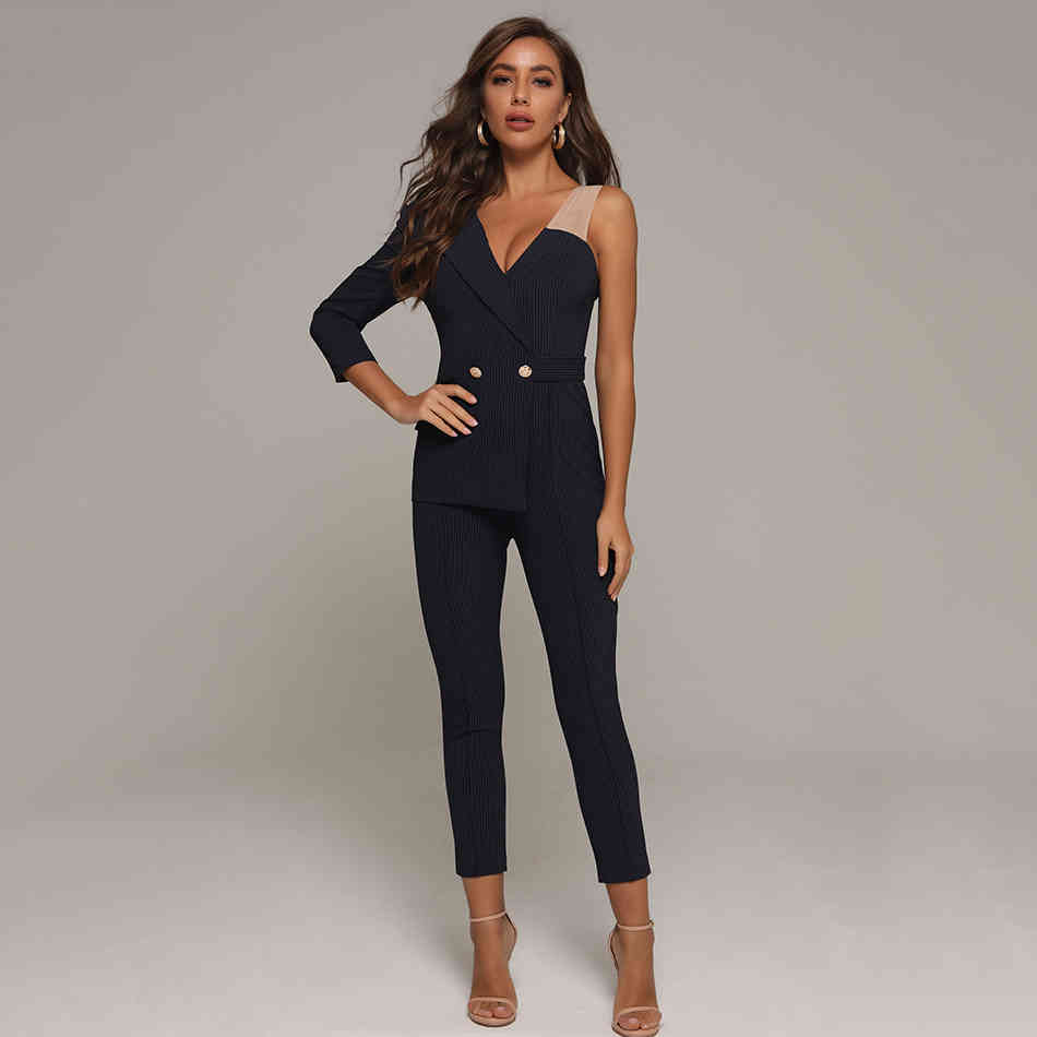 Free Office OL Women's Striped Jumpsuit Sexy V-neck One Shoulder Sleeve Celebrity Club Party 210524