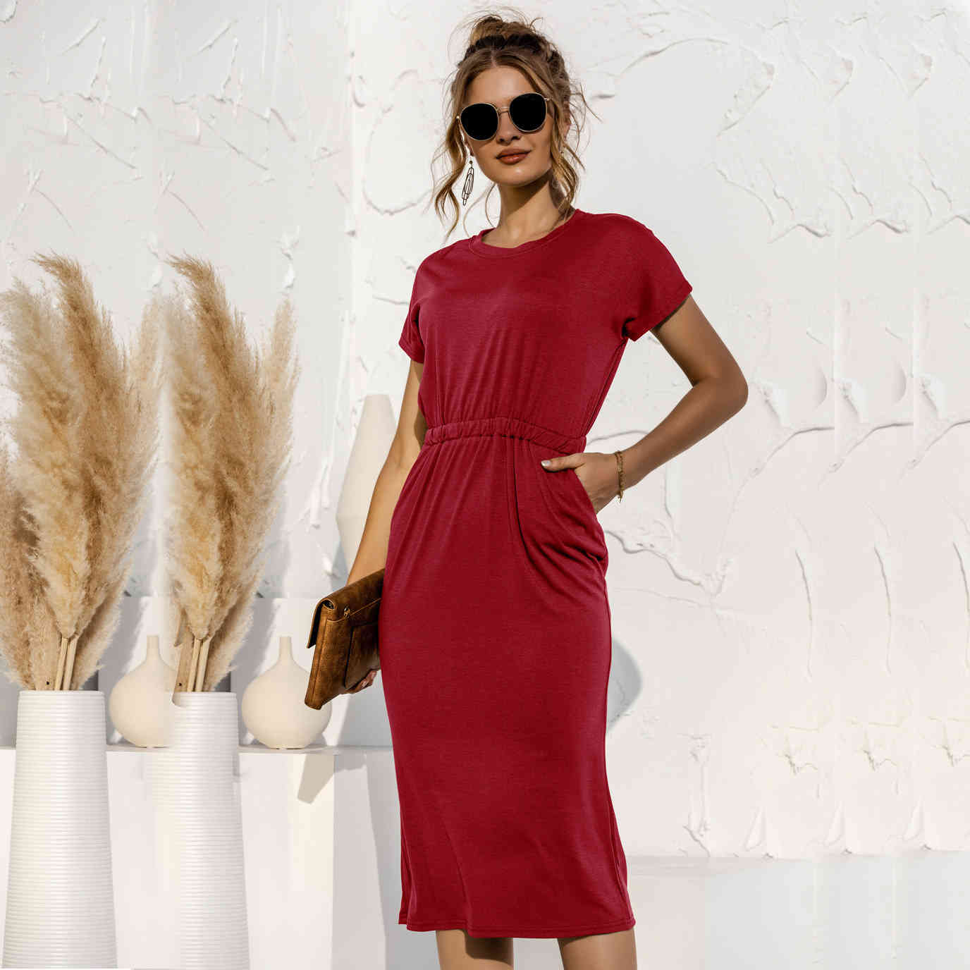 women dress Spring summer O-Neck Elastic Waist Slim Straight Solid Straps Casual Women' Mid-calf long Dress knitted 210524, Black
women dress Spring summer O-Neck Elastic Waist Slim Straight Solid Straps Casual Women' Mid-calf long Dress knitted 210524, Black