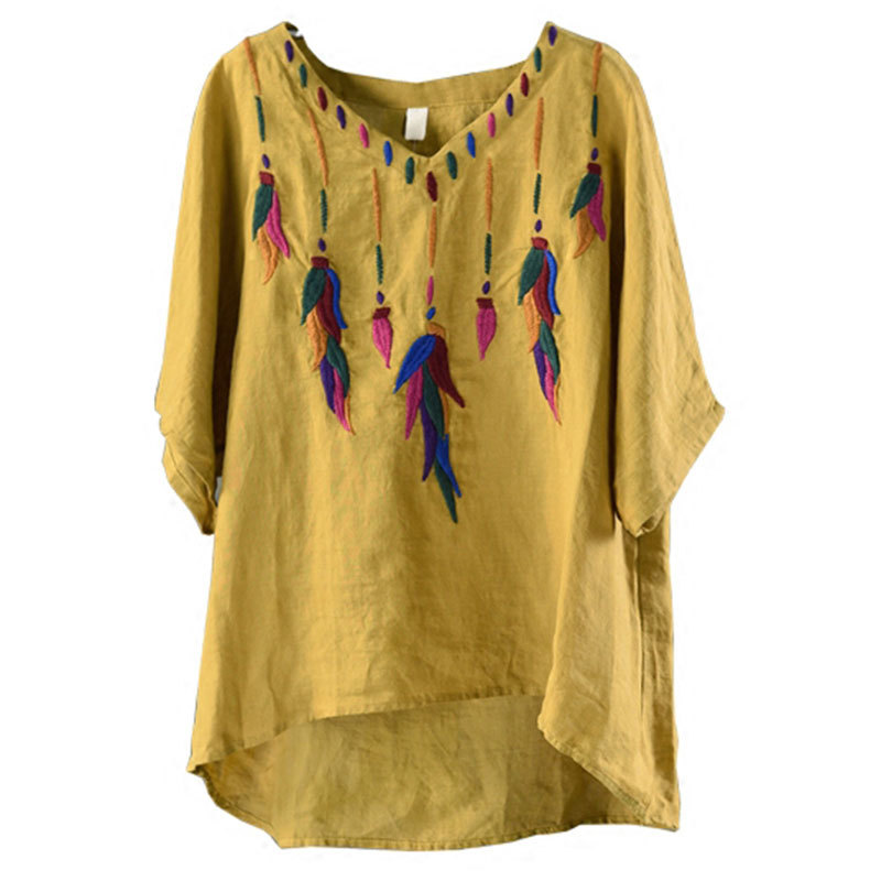 Summer Women Tshirt Plus Size Short Sleeve Loose Feather Embroidery V Neck T Shirts Lady cotton linen Vintage Tee Tops HX13 210512