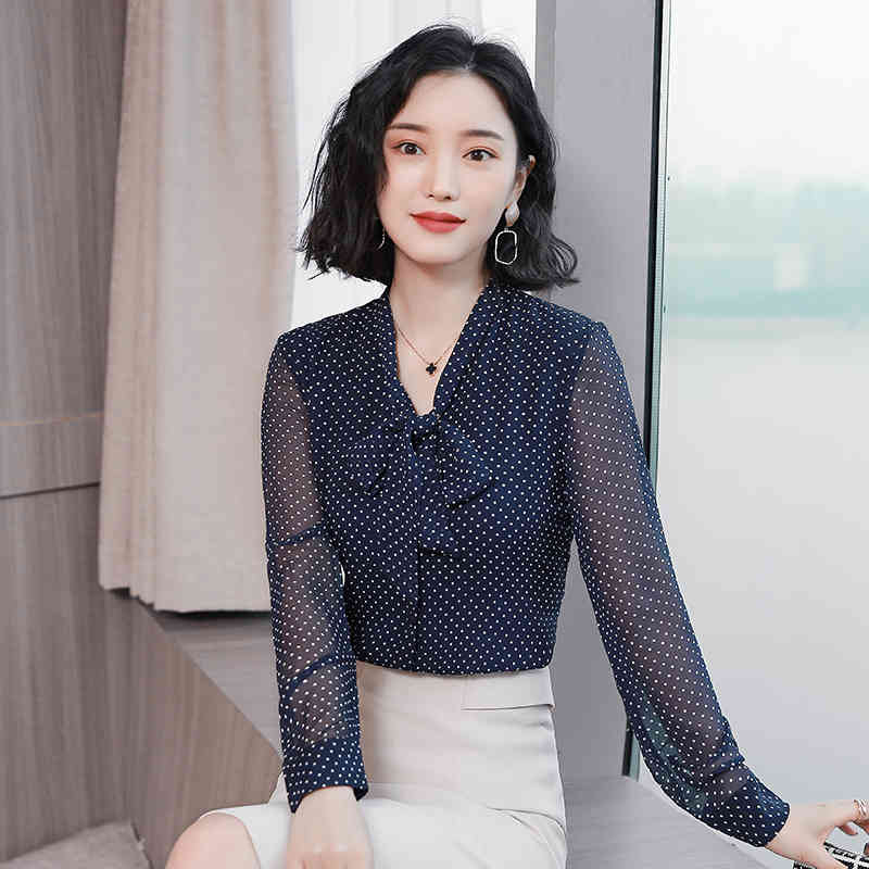 Fashion blue dot print chiffon blouse shirt womens tops and s Bow collar offoce long sleeve women shirts 1864 50 210506