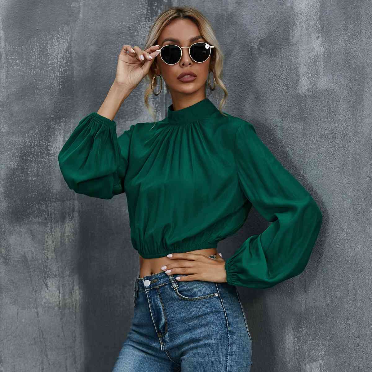 Foridol Spring Autumn Ladies Blouse Shirts Women Clothing Long Sleeve Green Crop Tops Turtleneck Office Elegant Tops 210415