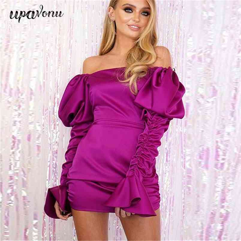 Fashion Party Dress Women's Rose Lantern Long Sleeve Night Club Sexy Bodycon Draped Shoulder Mini Vestidos 210524