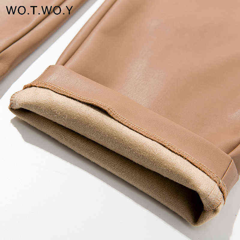 WOTWOY Drawstring High Waist Loose Leather Pants Women Autumn Winter Full Length Casual Straight Trousers Female Black 211115