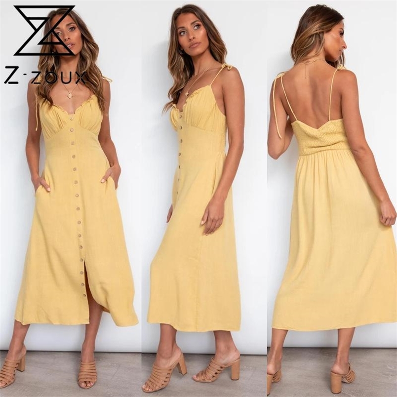 Women Dress V Neck Backless Bohemian es Single Breasted Sleeveless Spaghetti Strap Loose Long Summer es 210513