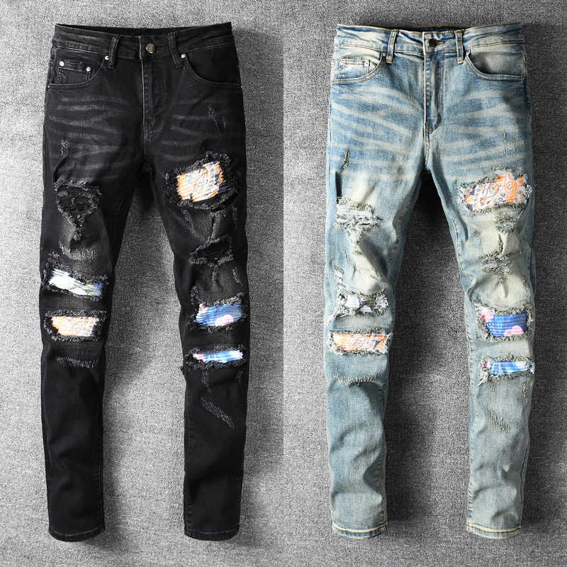 American Streetwear Fashion Men Jeans High Quality Elastic Slim Fit Ripped Denim Punk Pants Patchwork Designer Hip Hop Trousers, Retro blue
American Streetwear Fashion Men Jeans High Quality Elastic Slim Fit Ripped Denim Punk Pants Patchwork Designer Hip Hop Trousers, Retro blue