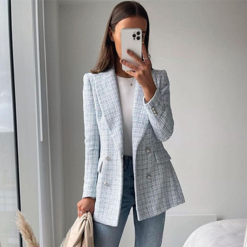 Spring Women Casual Tweed Blazer Vintage Office Lady Autumn Jacket Coat double Breasted Outwear Female Chic Tops 210521