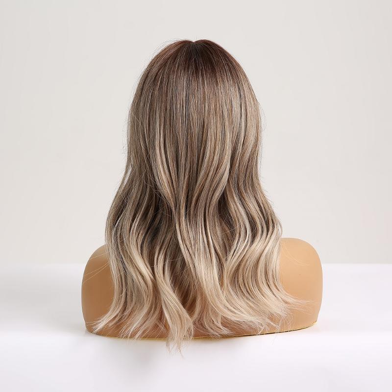 Synthetic Wigs Long Wavy With Bangs Platinum Blonde Ombre Hair For Afro Women Cosplay Natural Daily Heat Resistant
