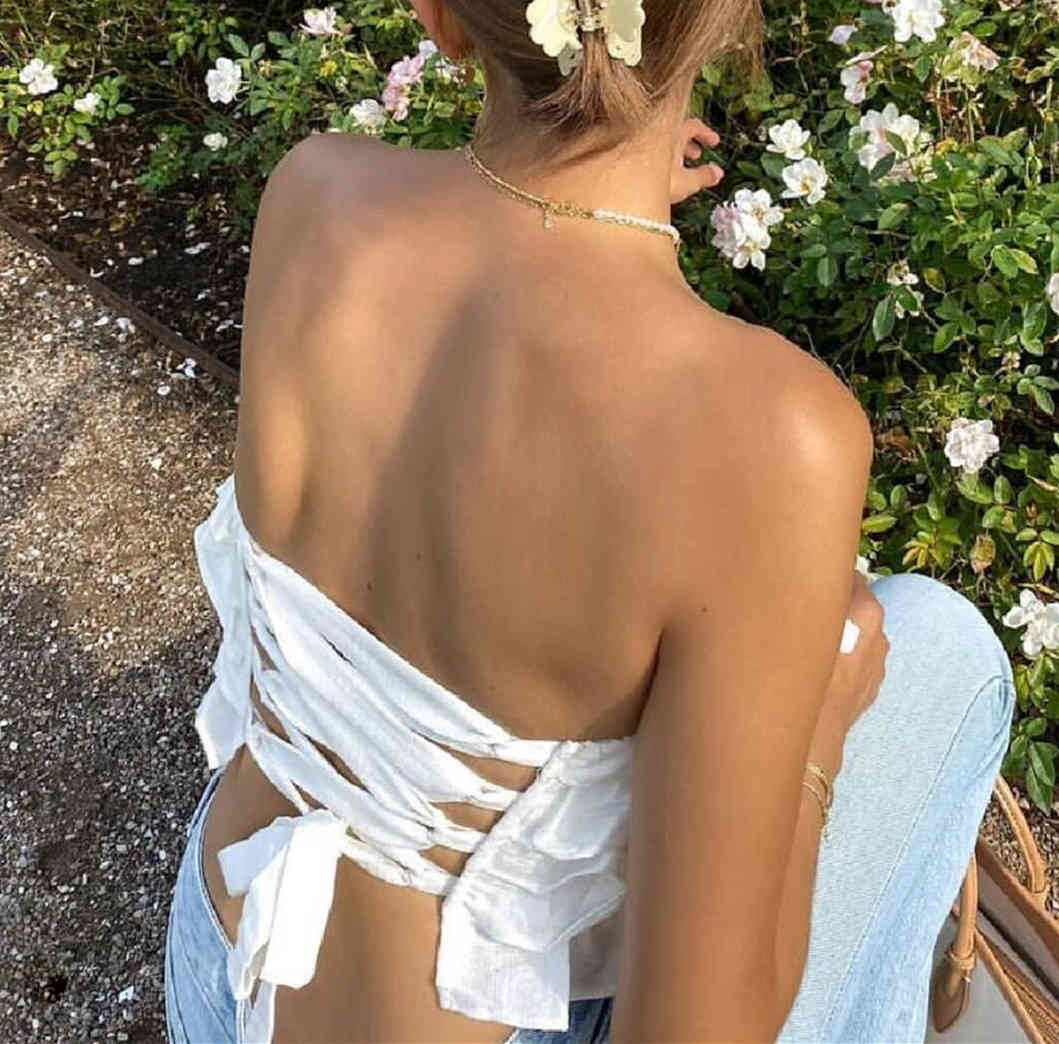 Summer Sexy Ruffles White Tank Top Strapless Backless Cropped Women Cross Bandage Lacing up Back Camis 210429