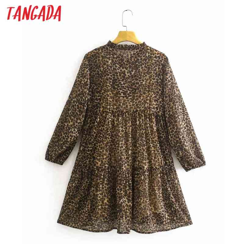Women Leopard Animal Chiffon Long Sleeve Ladies Vintage Mini Dress Vestidos XN303 210416