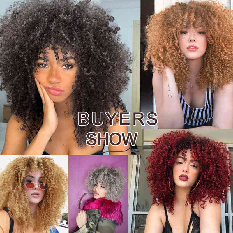 Hairpiece Nnzes Short Afro Kinky Curly Wigs Dark Brown Mixed Black Synthetic with Bangs for Women Blonde Red Grey Cosplay Hairs 0121