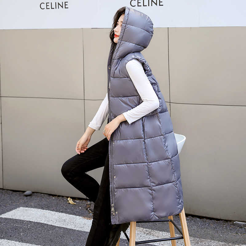 Hooded Solid Winter X-Long Thick Vest Jacket for Women Casual Loose Down Cotton Waistcoat Quilted Zipper Sleeveless 211220