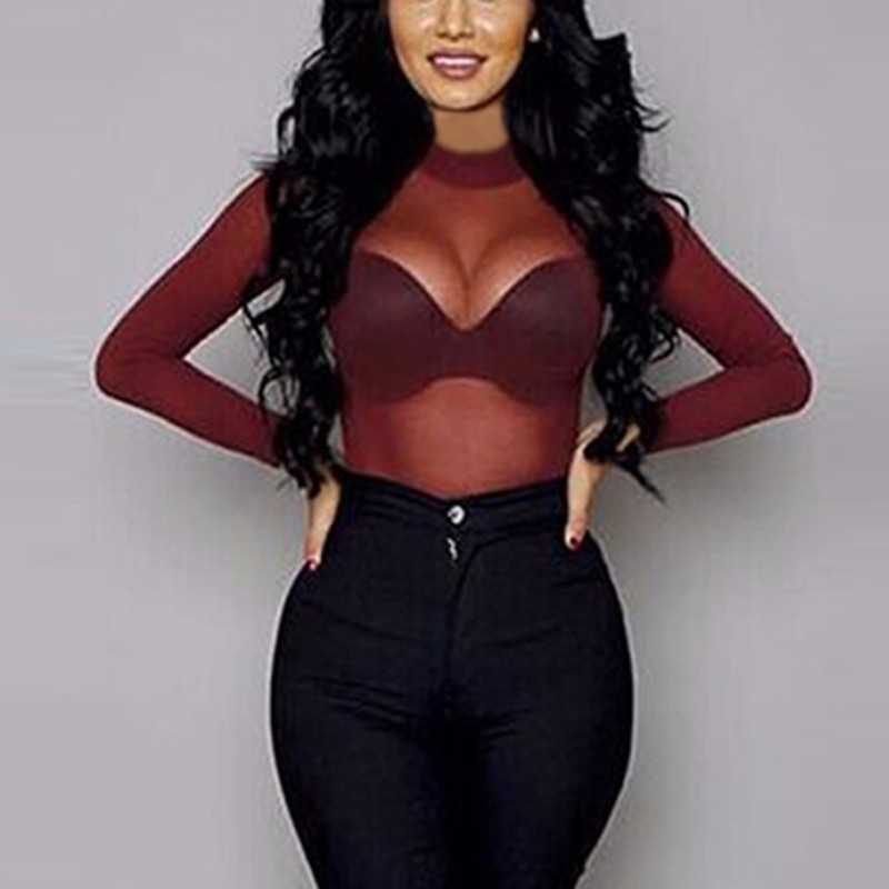 3XL Elastic Tight-fitting See-through Ultra-thin Sexy Mesh Bottoming Shirt Transparent Long-sleeved T-shirt Women Tops QAX5 210603