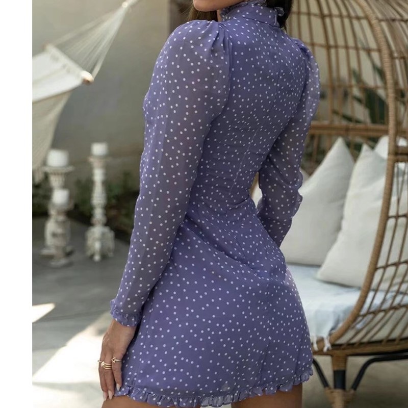Vintage France Style Purple Polka Dot Print Hollow Out Women Dress Long sleeve Lacing up Collar Slim Girl's Mini Dresses 210429