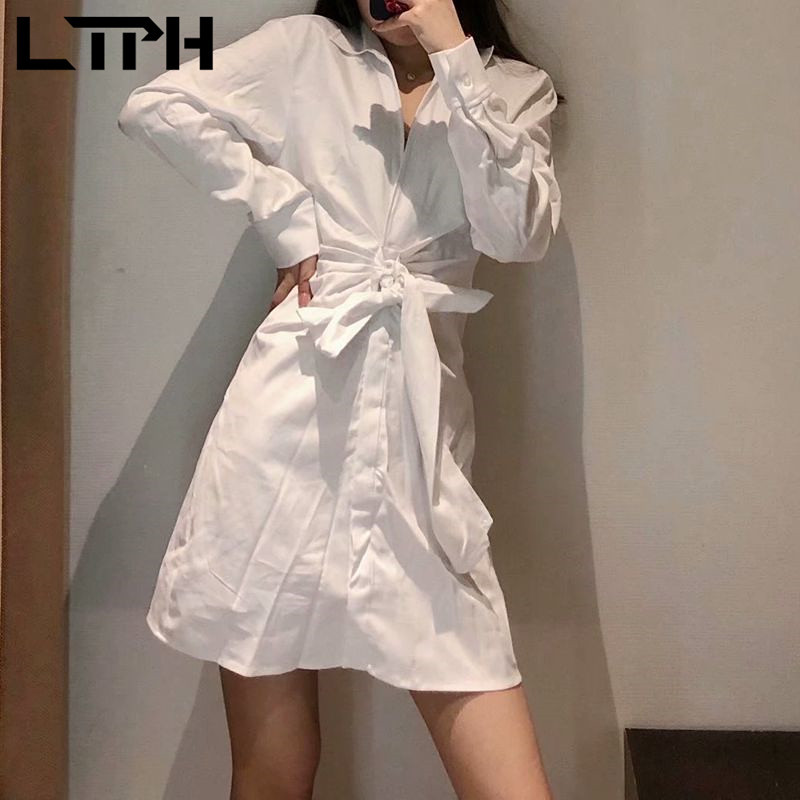Office Lady High waist Bow Poplin shirt dress women simple white Single Breasted all-match elegant dresses Spring 210427